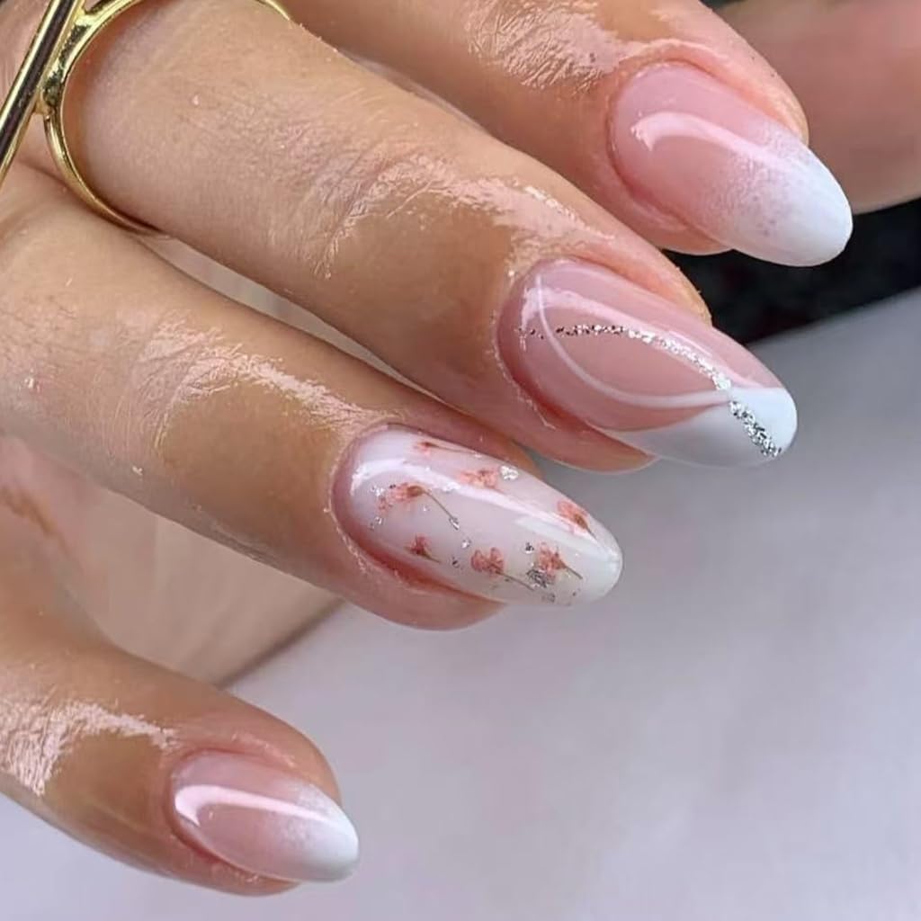 24 Pieces Artificial Nails Short Almond Styles Glitters Floral Patterns False Nails For Various Occasion