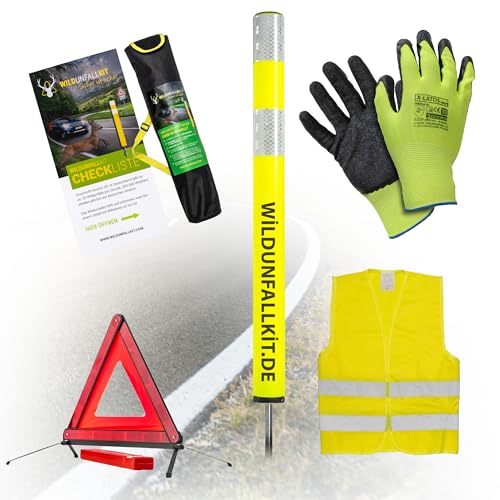 Wildunfallkit Premium - Stressfrei [Passt in jedes Auto] Sofort einsatzbereit | Wildunfall-Set fürs Auto Zubehör Hilfe-Set Checkliste Set Fluchtstab Warnweste & Warndreieck