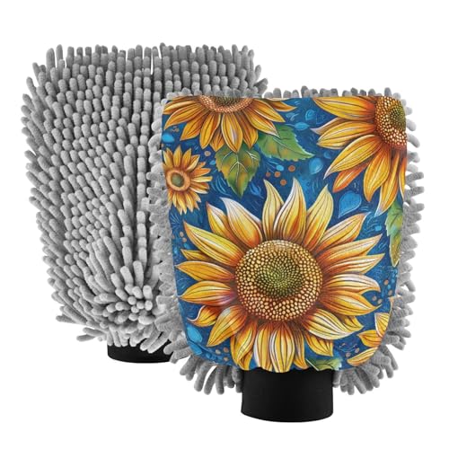 IOACIY Absorbent Microfiber Car Wash Drying Mitts, 2 Pack, Scratch-Free & Lint-Free, Rich Foam, Highly Absorbent, Double Sided, Wash Mitt Perfect for Car Washing, M, Sunflower (15)