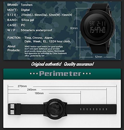 TONSHEN Men's Military Watch 50M Waterproof Silicone Strap LCD Digital Electronic 164FT 50 Water Resistant 12H/24H Time Multifunction Sport Watches - Black