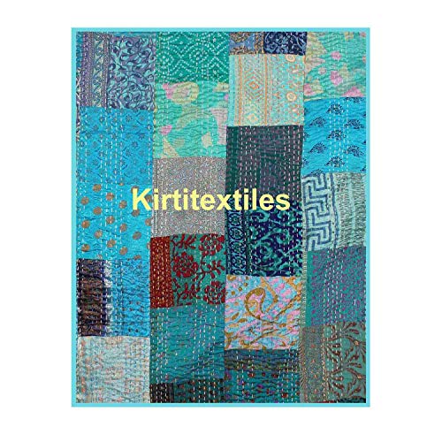 Image of Silk Hand Made Design Kantha Quilt Blanket, Bed Cover, Bedspread (Size 90X 108) - Multicolour