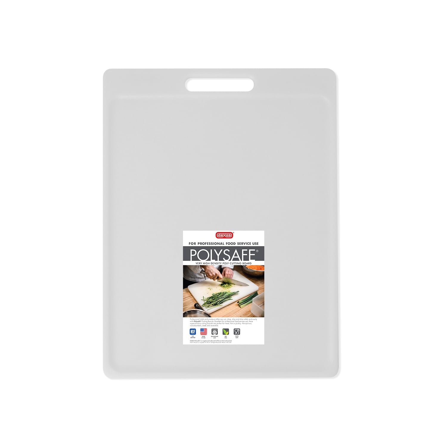 Dexas NSF Certified Polysafe Cutting Board with Handle, 11 x 14.5 Inches, Reversible Kitchen Cutting Board, White