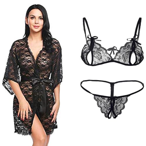 Image of Stylish Women's Satin Net Nighty with Bra and Panty Nightwear Set (Free Size)