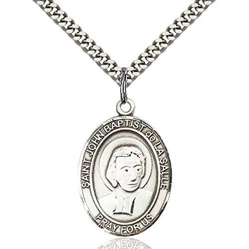 Bonyak Jewelry Saint Medal Collection Sterling Silver St. John Baptist de La Salle Penda 1 x 3/4 inches with Heavy Curb Chain