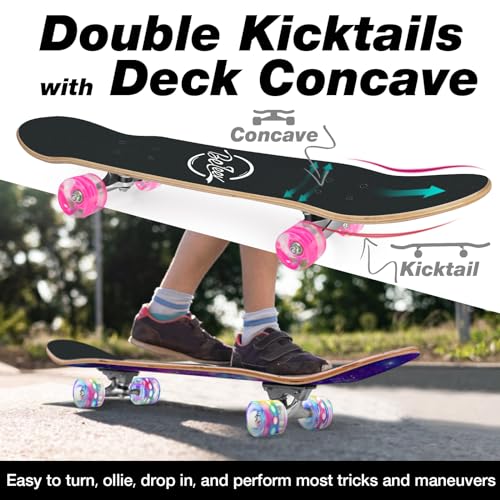 BELEEV Skateboard 31x8 Zoll Komplette Cruiser Skateboard für Kinder Jugendliche Erwachsene, 7-Lagiger Kanadischer Ahorn Double Kick Deck Concave mit All-in-one Skate T-Tool für Anfänger