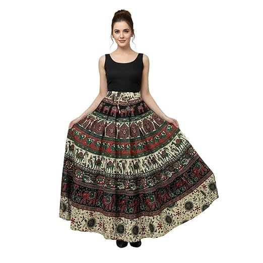 Image of HARSHITA-Enterprises Jaipuri Women's Cotton Printed Elastic Long Skirts
