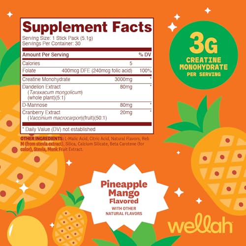 Image of Wellah Creatine for Women (Pineapple Mango) 30 Stick Packs, 3g Per Serving | With Dandelion, D-Mannose & Cranberry Extract, To-Go Packets
