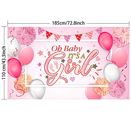 Image of Baby Shower Backdrop It's a Girl Banner 6 x 3.6 ft Large Pink Fabric Decor | Floral Balloon Print on Polyester Fabric, Rope and Grommets for Easy Hanging, Reusable for Photo Booths Walls and Tabless