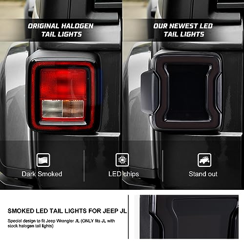 Kiwi Master Smoked LED Tail Lights for 2018-2025 Jeep Wrangler JL/4xe - Brake, Reverse, Turn Signal (Black Housing, Smoke Lens), Pair