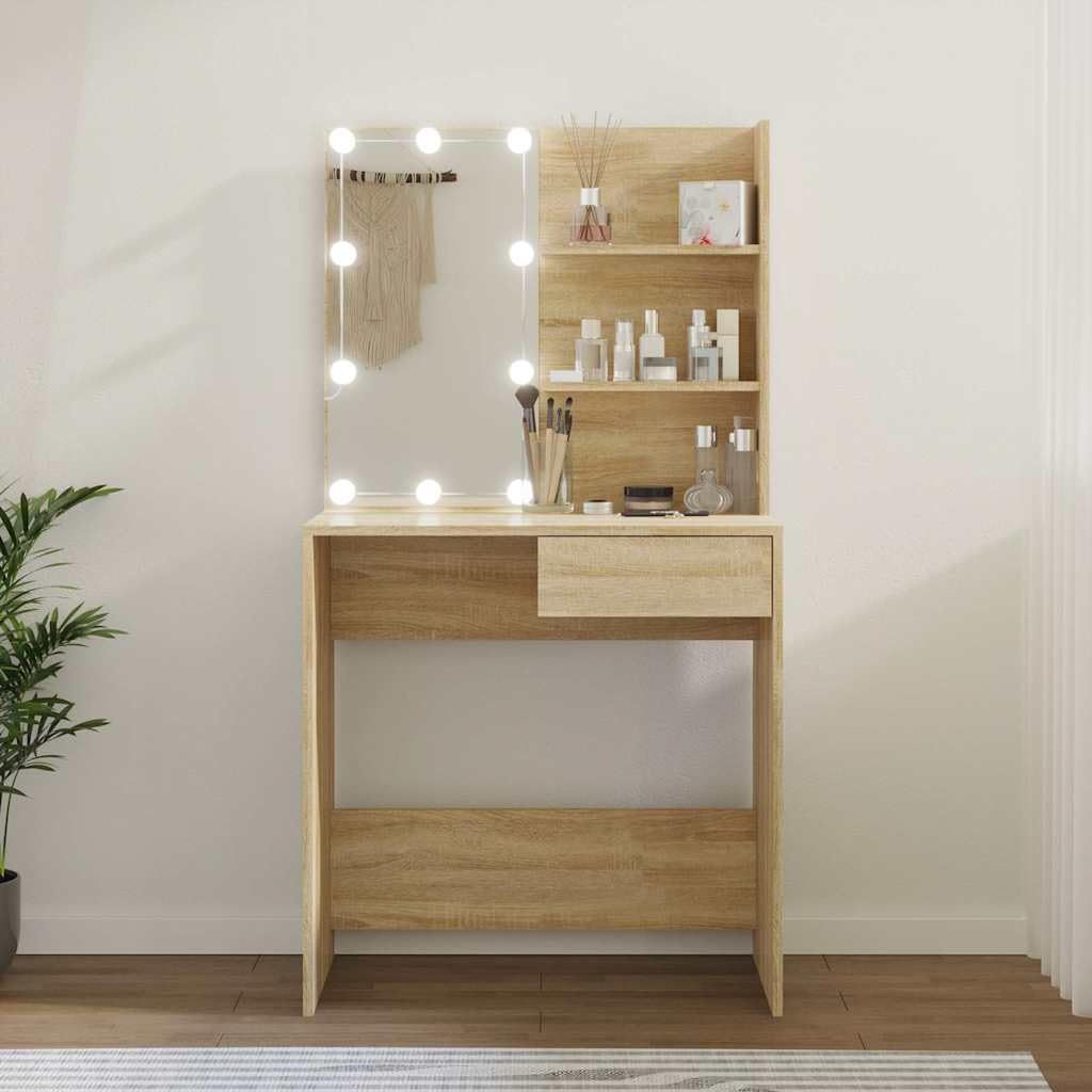 Toaletka z diodami LED dąb Sonoma 74,5 x 40 x 141 cm, materiał drewnopochodny z szufladą i półkami, toaletka z lustrem, oświetlenie LED, miejsce do przechowywania do sypialni i łazienki