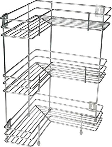 Rasvesh Rust Free Stainless Steel Fruit and Vegetable Stand Basket Trolley Modern Onion Potato Kitchen Storage Steel Rack -Triple Tire Trolley Shelf (Silver) (3 L Corner), Floor Mount, Corner Shelf