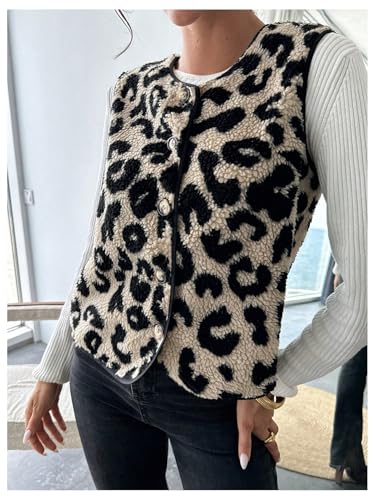 GORGLITTER Women's Leopard Sherpa Vest Fuzzy Vest Outerwear Trendy Fall Cheetah Fleece Sleeveless Old Money Coat Jacket3