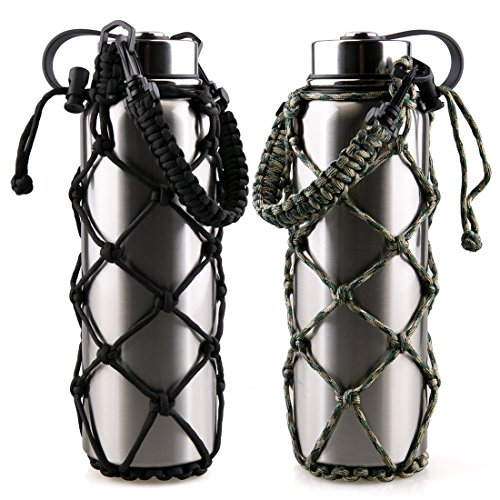 RoryTory 2Pc Set Paracord Water Bottle Holder Carrier Emergency Net Sleeve (for Hydro Flask, Nalgene, Contigo, etc. - 18 to 40oz) Great for Metal or Plastic Bottles - Solid Black/Green Camouflage