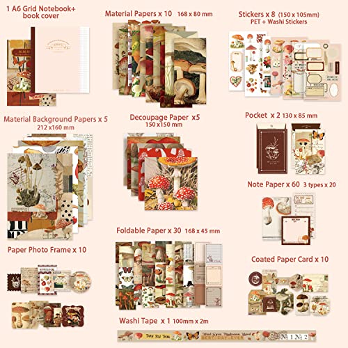 Image of emmoolife Scrapbooking Supplies Kit, Vintage Mushroom Aesthetic Scrapbook Kit for Bullet Junk Journal, Stationery, A6 Grid Notebook, DIY Journaling Supplies, Birthday Craft Gift for Teen Girl Women