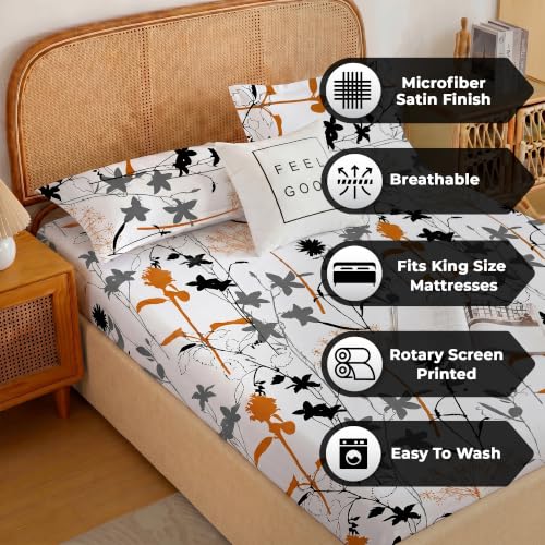 Image of Story@Home King Size Air Cotton Fitted Bedsheet 240 TC Fitted Sheet with 2 Pillow Covers, Soft & Durable Bed Sheet for King Bed (182 x 198 cm, Floral Print, White)