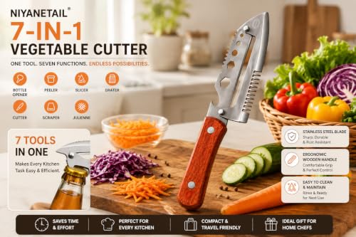 Image of Stainless Steel Vegetable Peeler with Wooden Handle & Bottle Opener | Sharp Single Blade Peeler for Fruits & Vegetables (7 in 1 Vegetable Peeler)