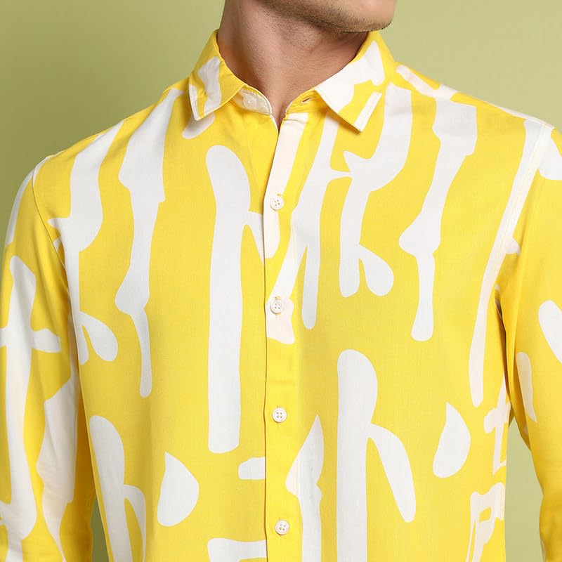 Image of CAHOOT Men's Lemon Yellow Abstract Print Shirt for Everyday Wear | Spread Collar | Button Closure | Long Sleeve | Heavy Rayon Shirt Crafted with Comfort Fit for Everyday Wear
