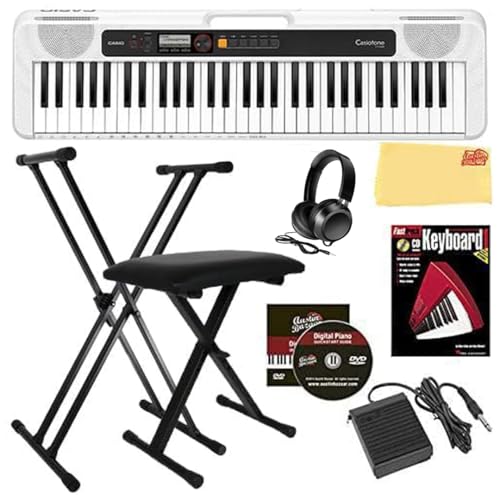 Casio Casiotone CT-S200 61-Key Portable Keyboard - White Bundle with Adjustable Stand, Bench, Headphones, Sustain Pedal, Piano Book, Instructional DVD and Austin Bazaar Polishing Cloth