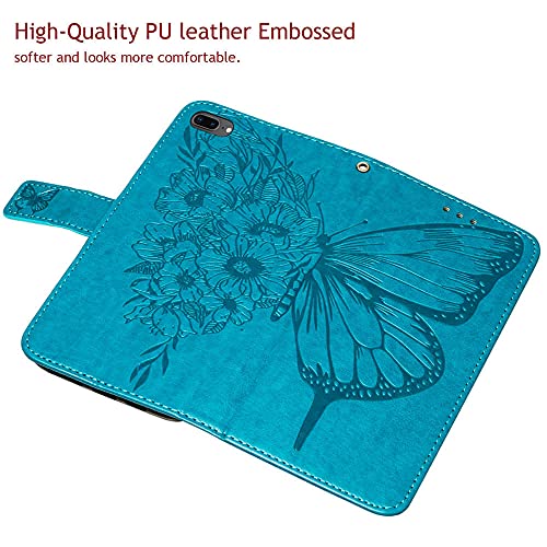 Compatible For Iphone 8 Plus Wallet Case,Iphone 7 Plus Case Women,Iphone 6/6S Plus Case,[Kickstand][Wrist Strap][Card Holder] Butterfly Floral Embossed Pu Leather Flip Cover 2021 (Blue) #TOP1