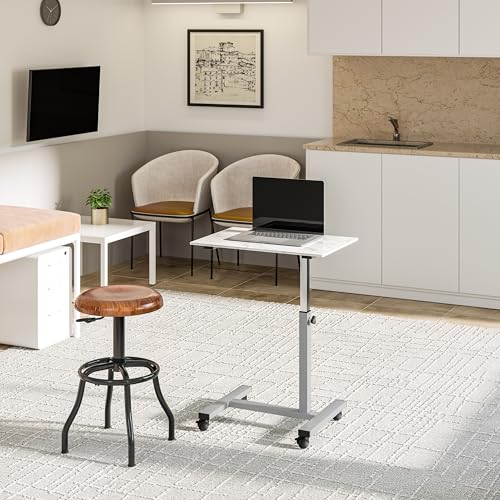 Image of Seville Classics Airlift Height Adjustable Mobile Rolling Laptop Cart Computer Workstation Desk Table for Home, Office, Classroom, Hospital, w /Wheels, Overbed Sit Stand (24 inch), Faux Marble