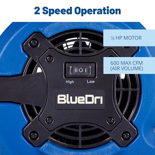 Image of BlueDri Max Storm 15 1 /8 HP 600 CFM Mini Air Mover Blower Fan for Home or Commercial Use, Water Damage, Home Carpet and Floor Drying, Blue, MD-MS15