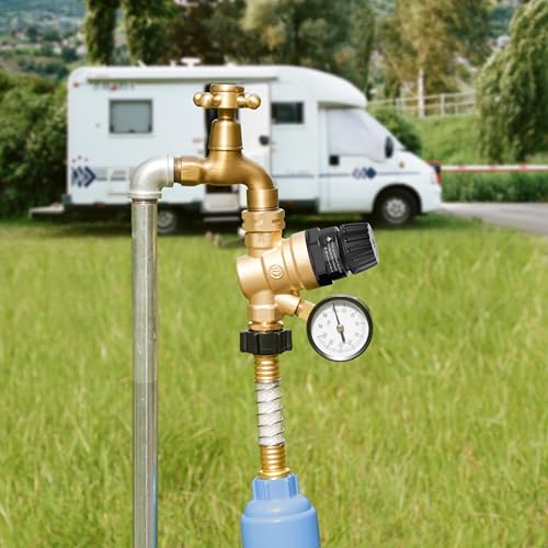 AOLINK RV Water Pressure Regulator Valve, Brass Lead-Free Adjustable Water Pressure Reducer with Gauge and Inlet Filter for RV Camper and Travel Trailer
