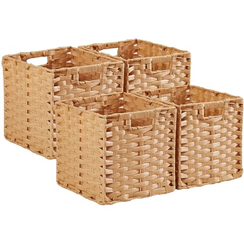 Mangata 4er-Set Körbe Aufbewahrung Geflochten aus Polypropylene, 28x28x28 cm, Quadratische Boxen mit Tragegriffen, Wasserdicht, Schimmelresistent, für Regale, Schränke, Bad(Beige)