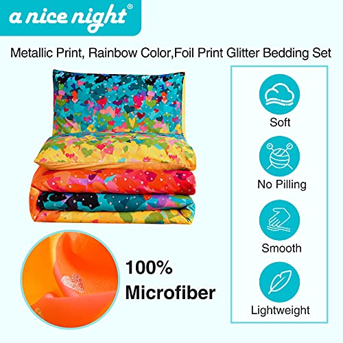 A Nice Night Comforter Set Silver Metallic Print, Rainbow Silver Foil Glitter Heart Of Love Pattern，Boho All Season Bedding Set,For Kids Teens,Boys Girls Bedding (Silver, Twin(68-By-88-Inches)) #TOP1
