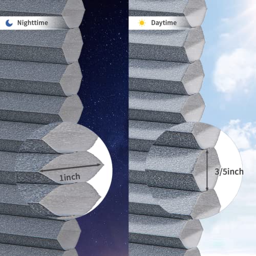 Dongluy No Drill Cellular Shades Cordless, Honeycomb Shade Pleated Blinds For Windows Room Darkening,Easy To Install，Privacy Protection, 27" W X 64" H, Smoke Gray,Light Filtering #TOP1