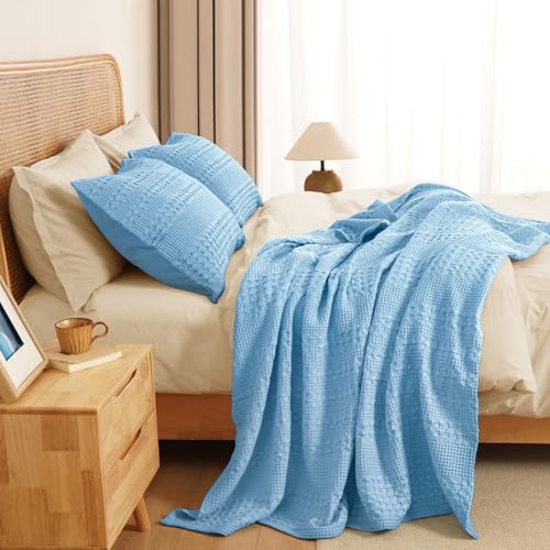 Image of PHF 100% Cotton Waffle Throw Blanket for Couch, Lightweight Breathable and Soft for Summer, Luxury Aesthetic Waffle Weave Blanket for Home Decor & Office, Gifts for Women, 50 inchx60 inch, Airy Blue