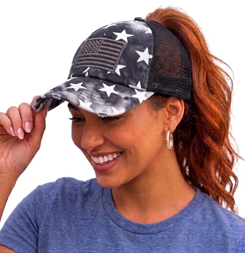 Funky Junque Funny Womens 4th of July Ponytail Trucker Hat with Criss Cross Ponytail Hole - American Flag Star Print - Black W/Mesh