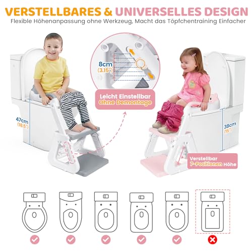 Orzbow Toilettensitz Kinder mit Treppe, Stabil Kinder Toilettensitz mit Dreiecksstruktur, Verlängerter Pedal- und Spritzschutz und Wasserdichtes PVC-Polster, Rutschfest und Faltbar, Rosa