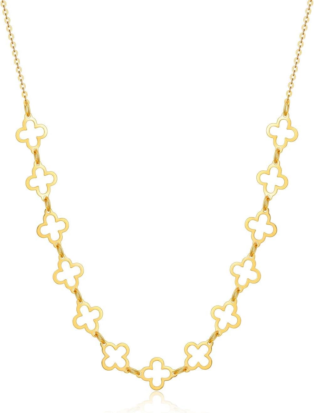 18K Real Gold Necklace for Women, Delicate Yellow Gold Luck Four Leaf Clover Flower Choker Pendant Anniversary Birthday Day Jewelry Gifts for Mom, Wife, 18"