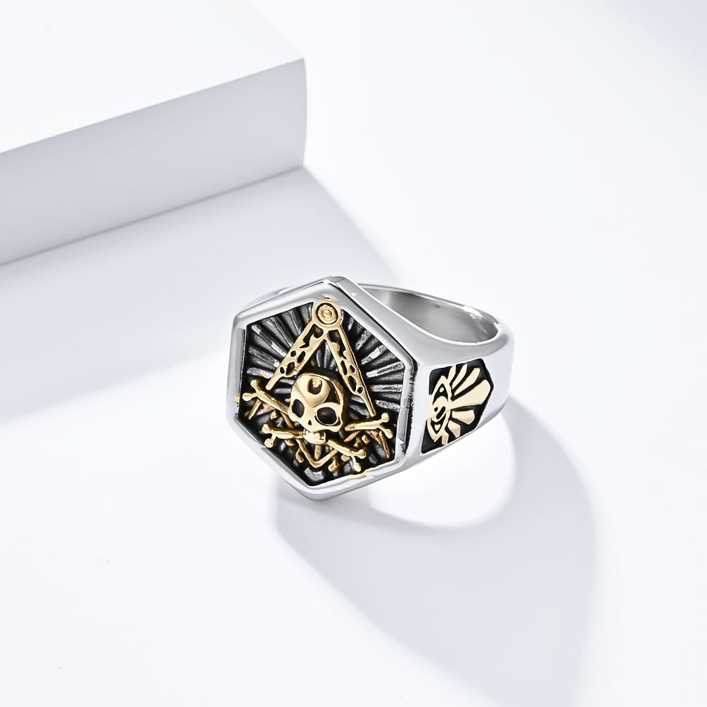 Men's Stainless Steel Vintage Freemason Masonic Biker Rings Cool Skull Head Signet Rings Band Silver Gold Size 9 - Image 4