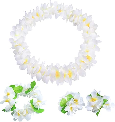 4 piezas de leis hawaianos blancos con hojas verdes para fiesta de graduación, fiesta de baile, accesorio de fotos al aire libre (blanco)