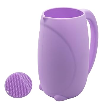 mandoo Baby Bath Rinse Cup Shampoo & Body Washing Rinser Cup for Kids with Easy Grip Handle to Rinse Baby Shower - Baby Essentials Purple+Brush