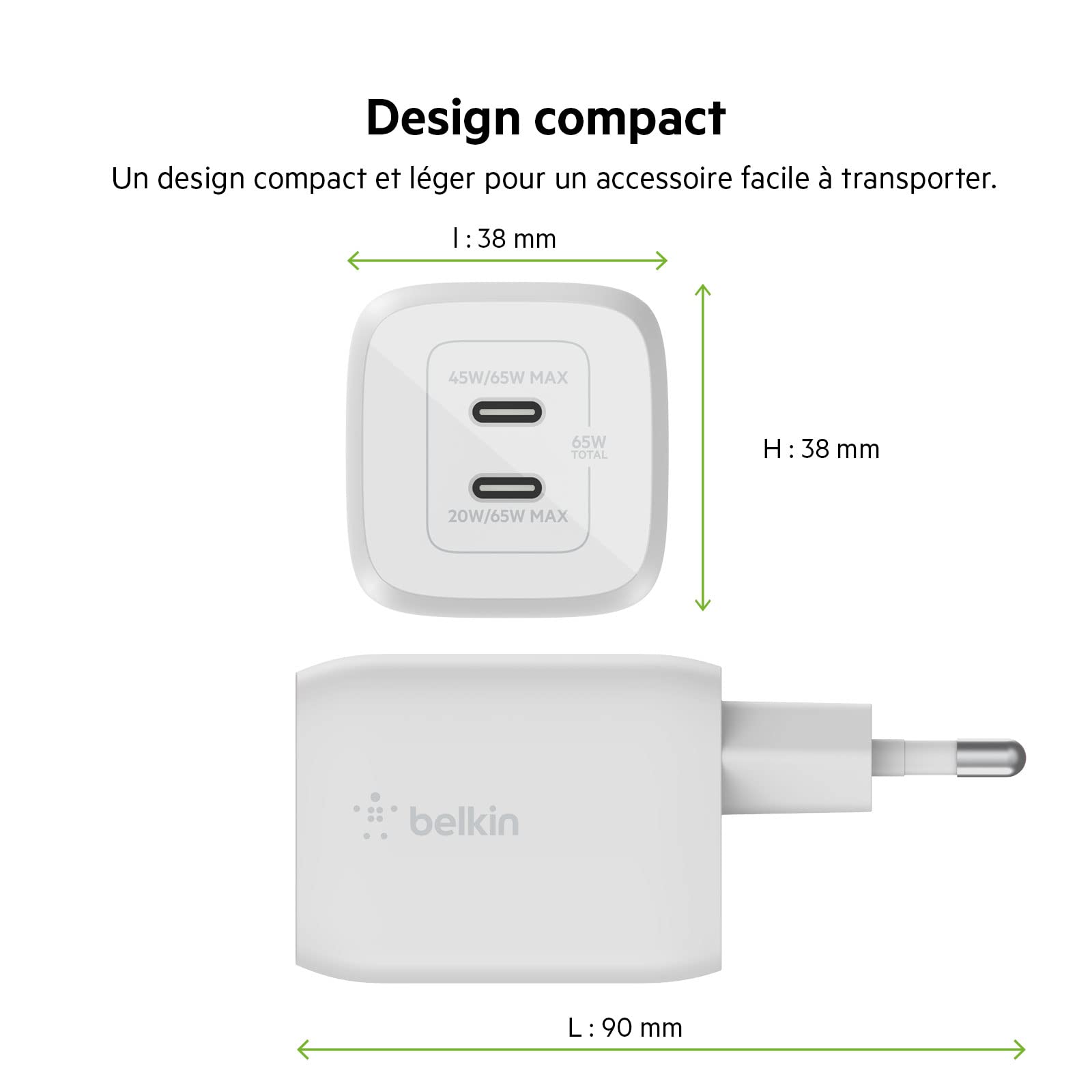 Belkin BOOST CHARGE PRO GaN Adaptateur secteur Technologie PPS et GaN 65 Watt Fast Charge, PD 3.0 2 connecteurs de sortie (2 x