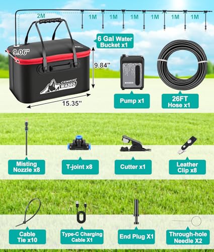 Image of Portable Misting Systems for Patio, Outdoor Water Cooling Misting Kit with 6000mAh Water Pump IPX8, DIY Misters for Outside Garden, Greenhouse, Fan, Umbrella, Canopy, Pasture, Camping(22L Bucket)