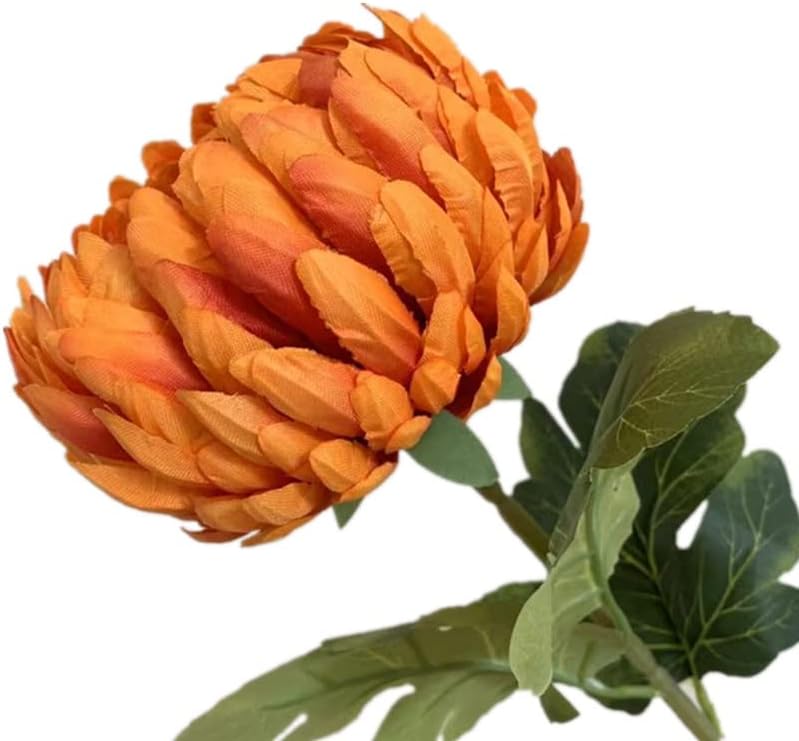 5pcs Faux Round Pineapple Chrysanthemum Flower Branch with Green Leaves Artificial Big Callistephus Chinensis for Floral Arrangement (Orange)