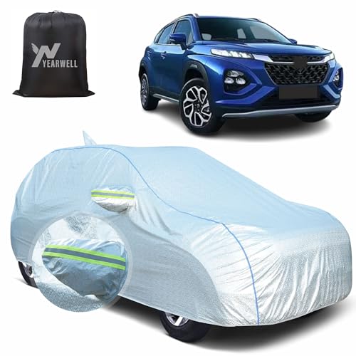 Image of Car Body Cover for Maruti Fronx, 100% Waterproof, Heat-Resistant with Mirror & Antenna Pockets, Soft Cotton Lining, Triple Stitched, Piping & Reflector (Reflective Silver)