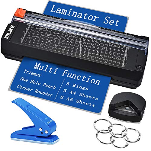 IMLIKE A4 Laminator Machine with Paper Trimmer: 6 in 1 Hot Laminator with 10 Laminating Sheets, Corner Rounder, 5 Book Binder Rings, Single Hole Punch, 9 Inches Black Laminator for Home/Office/School