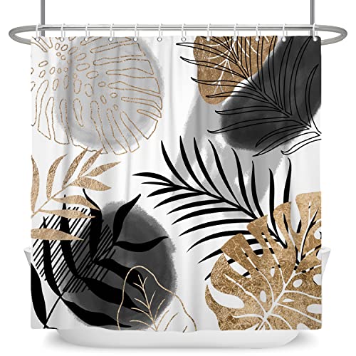 Ttincceer Boho Shower Curtain 60x72inch Abstract Black Gold Palm Leaves Shower Curtains for Bathroom Bohemia Mid Century Tropical Leaves Bath Curtains with Hooks Washable Bathtub Curtain - Image 3