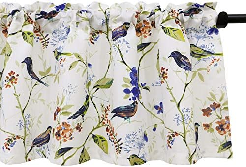 VOGOL Blue Valance Curtains for Living Room, Linen Textured Bird and Flower Print Window Treatment Rod Pocket Window Valances for Bathroom, 52x14, One Piece