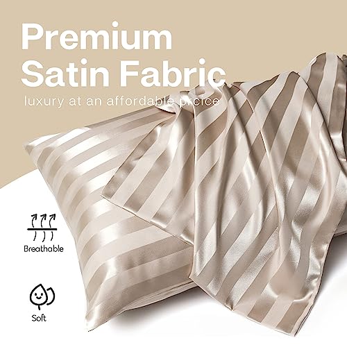 Mr&Hm Satin Pillowcase For Hair And Skin, Silk Satin Pillowcase 2 Pack, Queen Size Pillow Cases Set Of 2, Silky Pillow Cover With Envelope Closure (20X30, Champagne Striped) #TOP2
