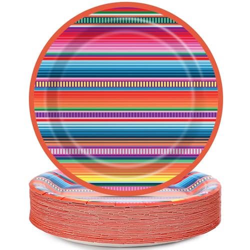 Image of 48PCS Fiesta Party Paper Plates Mexican Serape Fiesta Party Decorations Taco Plates Disposable Day of The Dead Supplies 7 inch Mayo Dessert Platters Mexico Stripes Dia De Los Muertos Decor