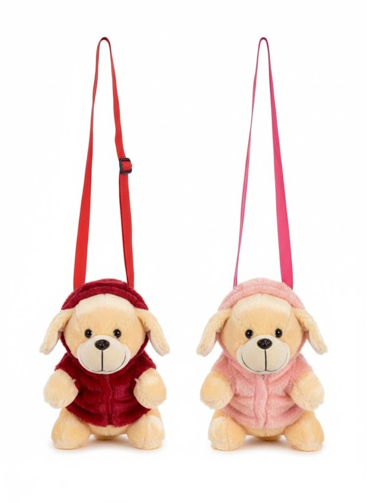 Kids Plush Puppy Crossbody Bags, Blue and pink, Animal Design, Adjustable Strap, 2 Pack Set, Ages 3+, Small Size 20x15x12 cm, Soft Polyester Material-image-47