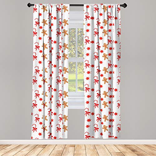 Ambesonne Gingerbread Man Curtains, Candy Cane Bowties Red Star Christmas Cookie Pattern, Window Treatments 2 Panel Set For Living Room Bedroom, Pair Of - 28" X 84", Brown Orange #TOP1