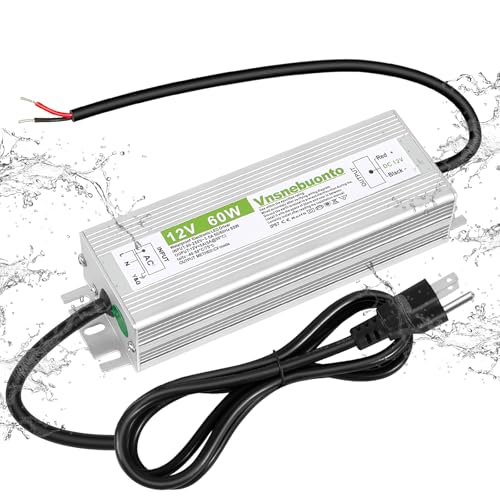 12V Power Supply 60W, 90-250V AC to 12V DC 5A Converter, IP67 Waterproof LED Driver, 12 Volt Low Voltage Transformer, Adapter with 3-Pin Plug for LED Light, Outdoor Indoor Use