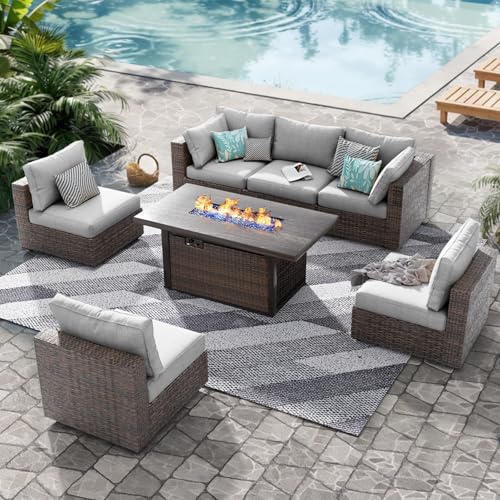 Patio Furniture Set,7 Piece Patio Furniture Set with Fire Pit Table,PE Wicker Rattan Sectional Sofa Patio Conversation Set with Thickened Cushions, Grey