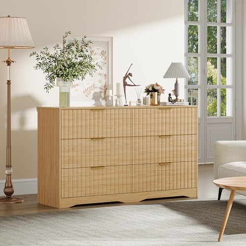 Image of Fluted 6 Drawer Dresser for Bedroom, 55 inch Wide Modern Wooden Chest of Drawers with Metal Handles, TV Stand & Closet Storage Organizer for Living Room,Hallway, Natural Wood
